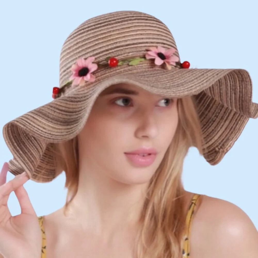 Khaki Boho Flower Pink Decor Floppy Sun Hat